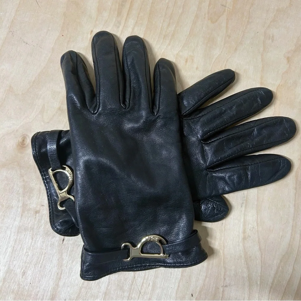 Lauren Ralph Lauren Bridle-Belt Black Leather Gloves with Gold Accents EUC Sz M